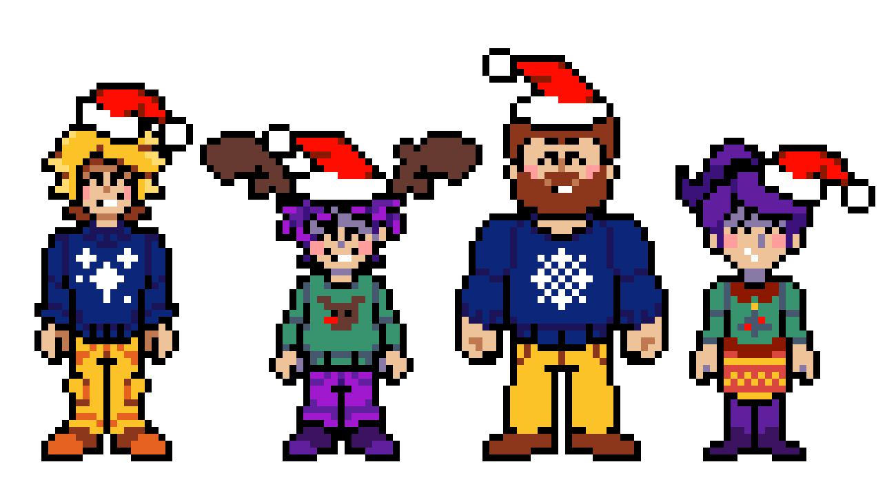 Cayn, Liam, Adam and Eve wearing ugly Christmas sweaters.